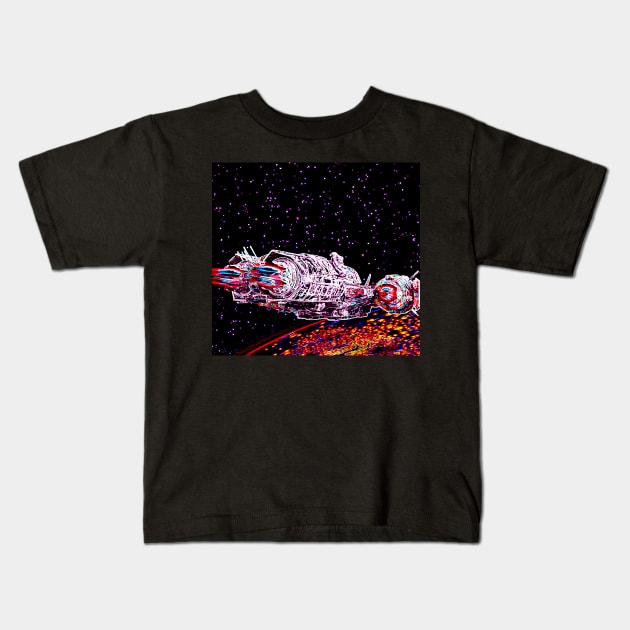 Spaceship Orbiting Unknown Planet Kids T-Shirt by Mihadom